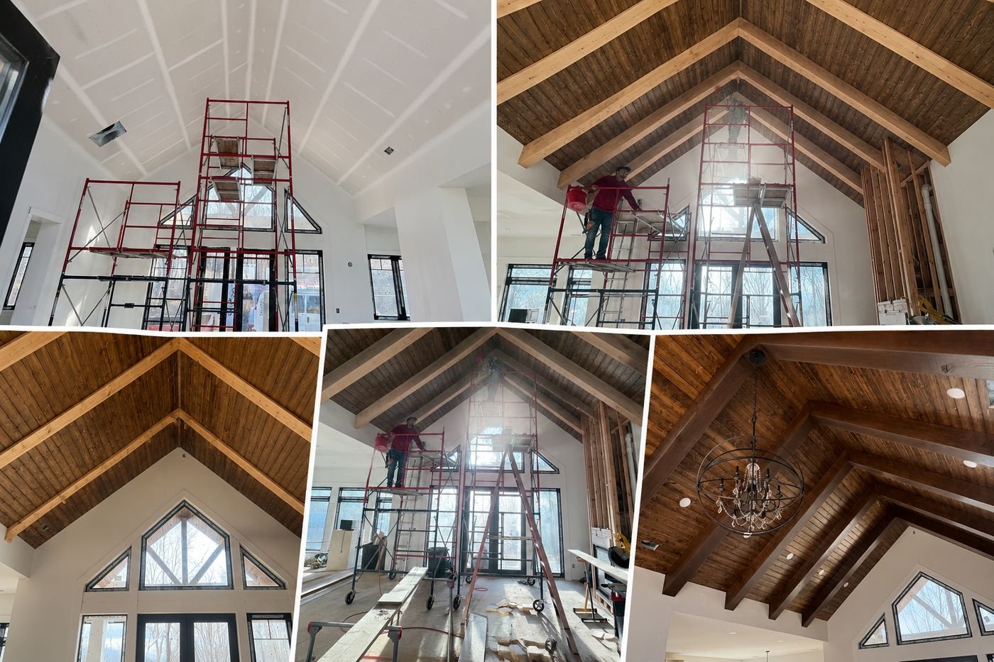Installing stained wood roof trusses on scaffolding in a vaulted room