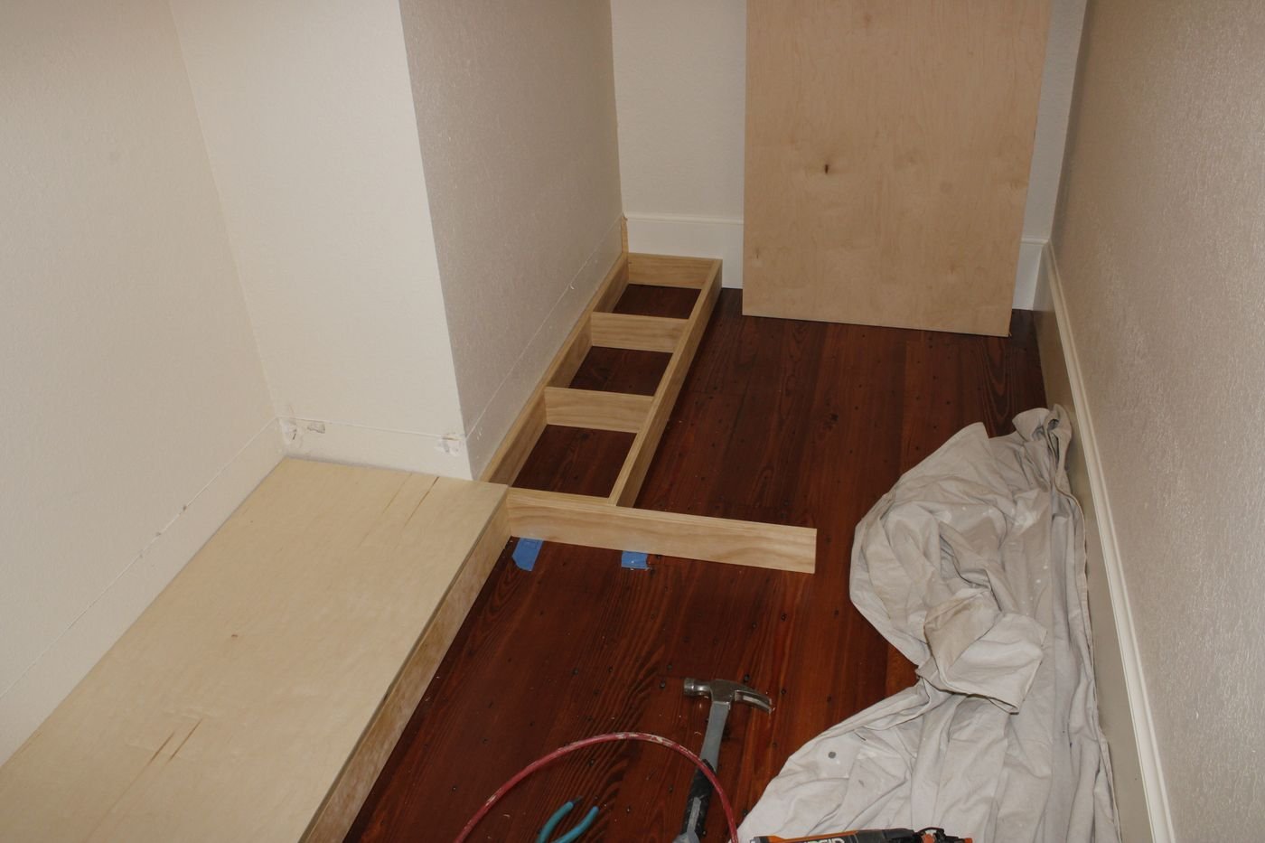 Built-in bench seating under construction