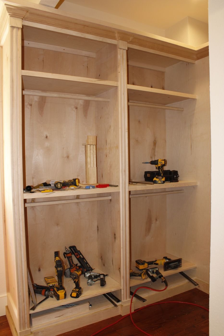 Custom closet shelving system under construction