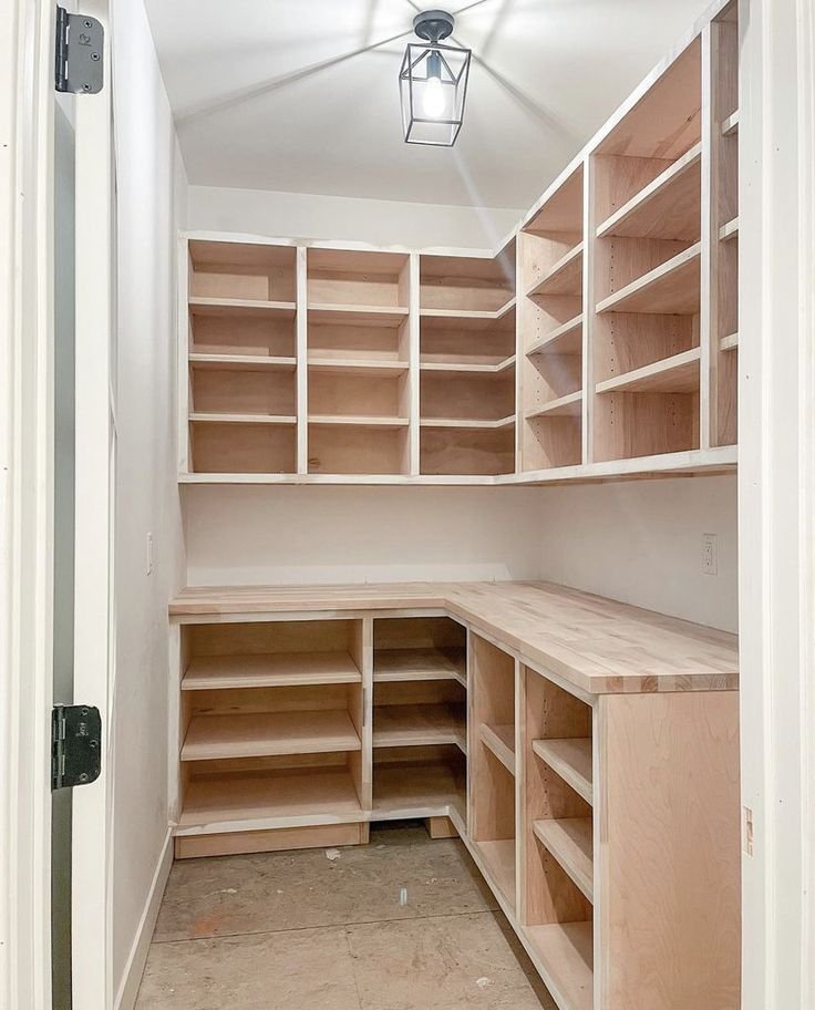 Custom wood pantry shelving and drawers